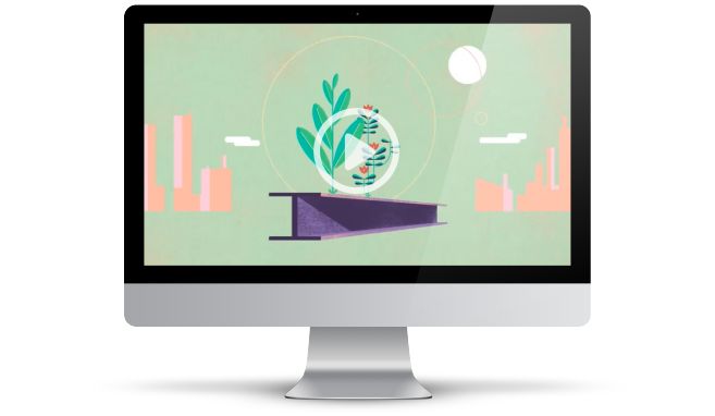 Monitor mit Startbildschirm zu einem Video. Zu sehen ist ein Stahlträger auf dem eine Pflanze wächst.
